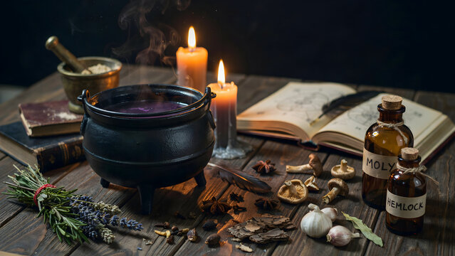 A black witch cauldron with steaming purple potion on a rustic wooden table, surrounded by candles, dried herbs, old books, and glass bottles
