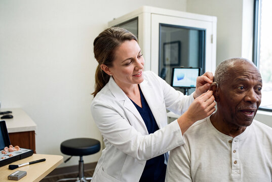 An audiologist places a small behind the ear hearing aid on a senior patient with careful fingertips while explaining the first adjustment, his face showing startled pleasure. Friendly daylight.