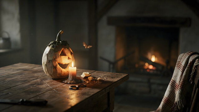 A carved jack o lantern pumpkin with a glowing candle inside sits on a rustic wooden table in a dimly lit room with a warm fireplace in background