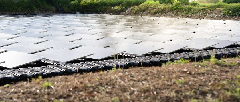 Solar cells, solar farms on surface mounting management, alternative energy and sustainable energy, pure energy, renewable, clean energy, reduce global warming, environment,