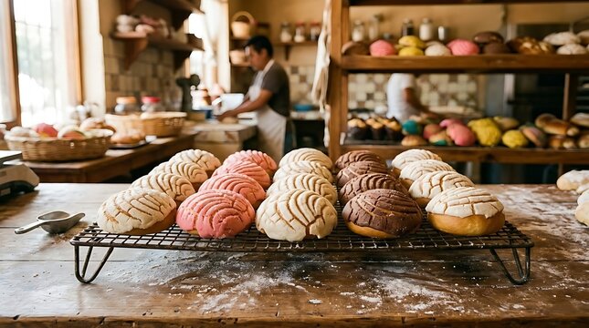 colorful assortment of traditional Mexican concha sweet breads on a vintage wire cooling rack,  Intricate seashell sugar crust pattern in white, pink, and chocolate brown glistening under soft light.