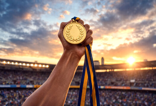 Golden medal with laurel wreath held up triumphantly in a stadium during sunset celebration