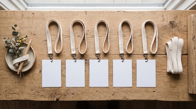 flat lay id badges lanyards wooden table