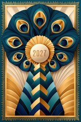 Obraz premium Art Deco New Year 2027 poster with peacock feathers and geometric patterns in teal and gold