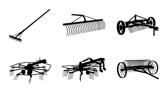Agricultural Tools Collection: Rakes, Tedders, and Harvesters Vector Set