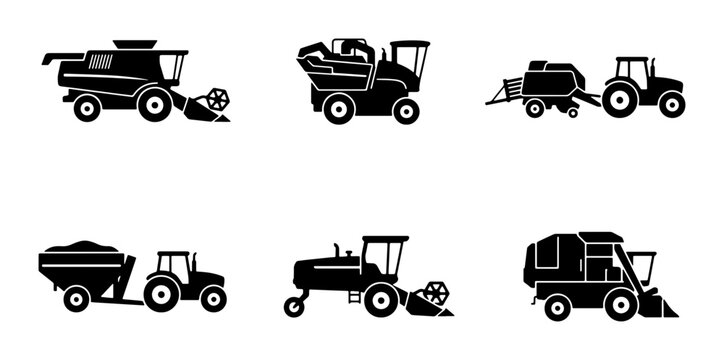 Agricultural Machinery Icons: Harvesters, Tractors, Balers, 6 Vector Elements for Farming