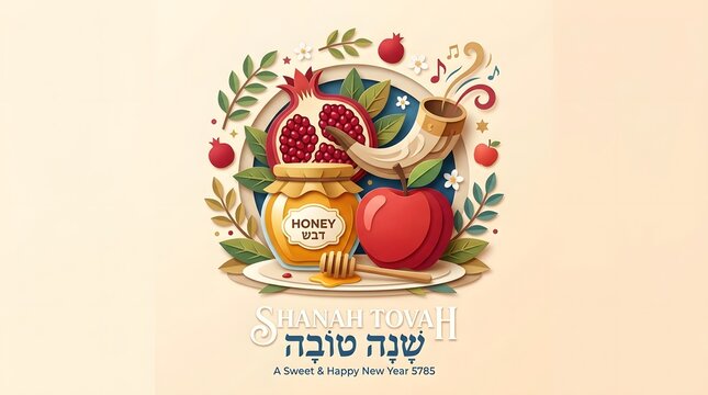 Rosh Hashanah greeting card design with honey apple pomegranate and shofar illustration.