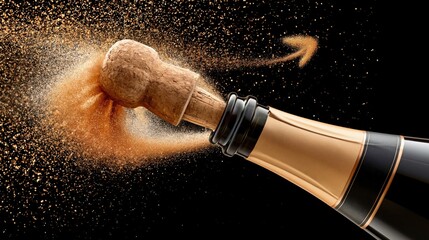 Obraz premium Champagne cork popping with golden spray against black background