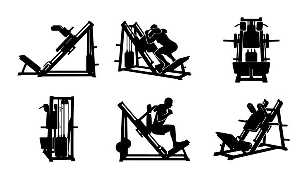 Gym Equipment Silhouettes: Leg Press, Hack Squat, Smith Machine, Weight Machines, Fitness Gear Icons for Workout and Training Graphics