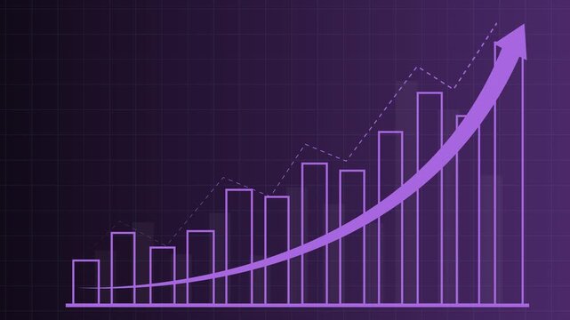 Growth, arrow up concept on the colorful background. Finance, Bar graph going up. Graph with rising up arrow and bar stats animation. Animation of 4k video. 