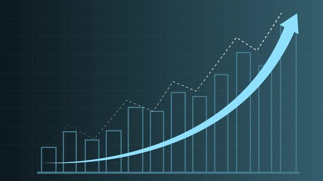 Growth, arrow up concept on the colorful background. Finance, Bar graph going up. Graph with rising up arrow and bar stats animation. Animation of 4k video. 