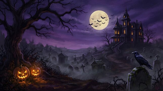 A spooky night scene featuring a haunted mansion and glowing jack o lanterns under a full moon perfect for use as a festive halloween wallpaper