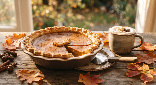 A close-up, cozy photograph of a freshly baked homemade pumpkin pie sitting on a rustic wooden table next to a steaming mug of spiced latte and autumn leaves. Warm side lighting streams through a wind