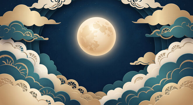 &nbsp;A clean, elegant abstract background design for the Mid-Autumn Festival featuring layered paper-cut style clouds in soft gradients of gold, teal, and cream, 