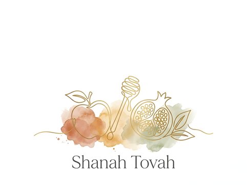 Minimalist continuous line drawing for Rosh Hashanah with apple honey dipper and pomegranate.