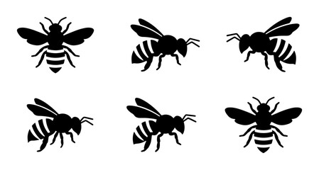 Fototapeta premium Six Black Bee Icons, Insect Vector Silhouettes, Flying Honeybee Graphics, Nature Elements