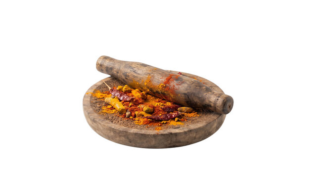 Traditional stone mortar and pestle with crushed spices, rustic sil batta for grinding chili and turmeric, authentic Indian kitchen tools isolated PNG with Transparent Background