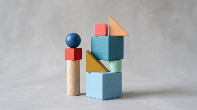 Colorful wooden geometric blocks stacked in tower formation on grey background, symbolizing business growth, strategy, planning, and creative problem solving.
