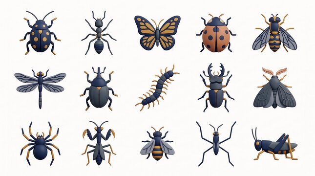 Collection of stylized insects and arthropods crafted from clay during a studio photoshoot isolated on white background