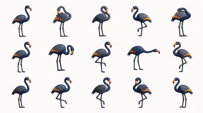 Dark Flamingos in various poses during a studio shoot against a clean background