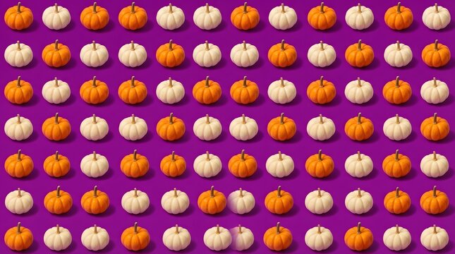 Pattern of orange and white pumpkins on purple background
