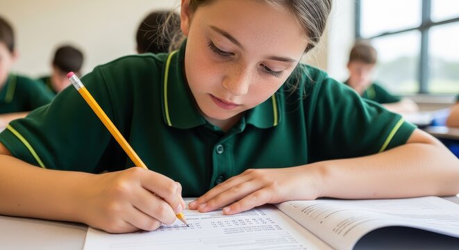 Focused Young Schoolgirl Writing in Notebook During Class in a Modern Classroom Setting