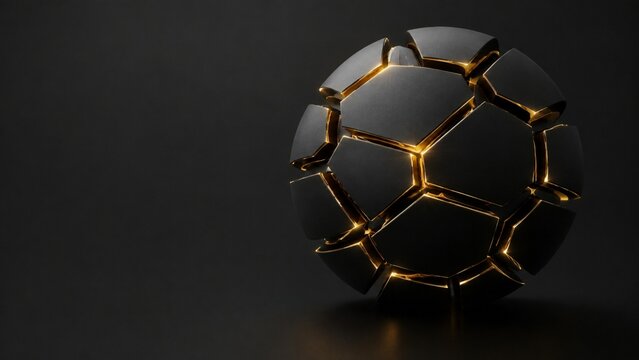 Mechanical black module sphere with glowing gold seams for IT system integration and cloud security backdrop