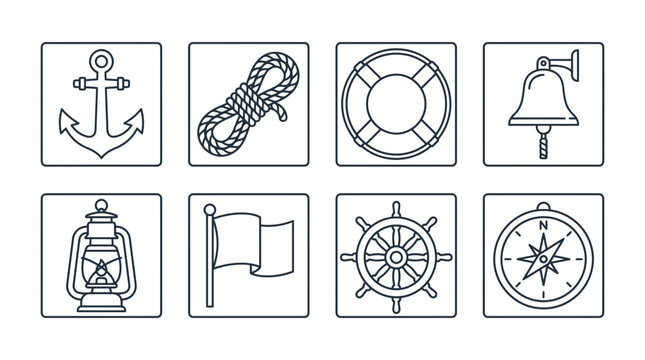 Nautical navigation icons are arranged in neat square frames representing classic maritime history.
