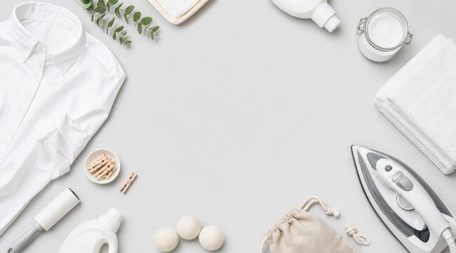 Flat lay laundry and ironed shirt background