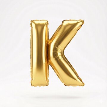 Golden foil balloon letter K for celebrations. Shiny metallic party decor alphabet character in 3D.