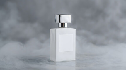 Fototapeta premium Elegant blank white perfume bottle surrounded by atmospheric fog with fragrance