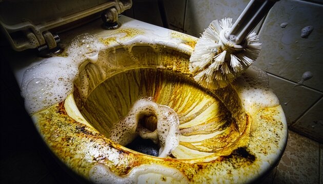 Extreme dirty toilet bowl covered with thick yellow and brown limescale.