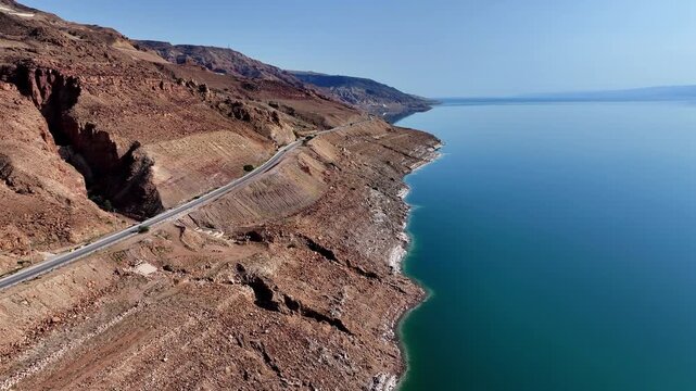 Aerial view of Dead Sea coastline and mountains in Jordan