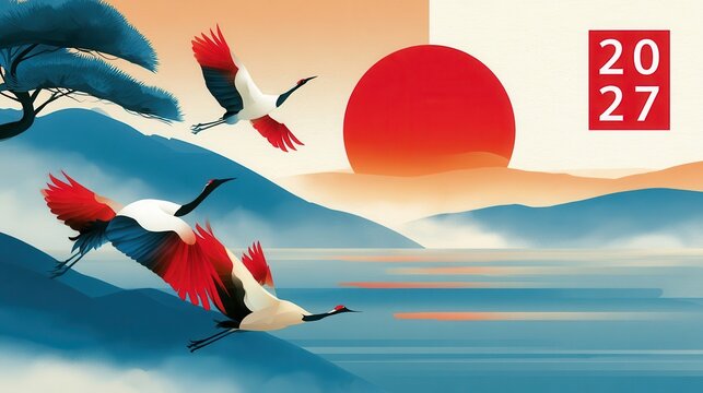 Japanese New Year illustration with red sun and flying cranes in sumi e style