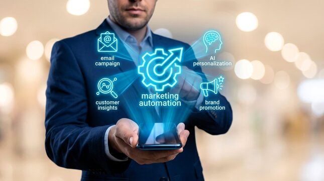 Professional businessman utilizing a smartphone to interact with glowing blue marketing automation icons featuring digital technology for modern corporate success