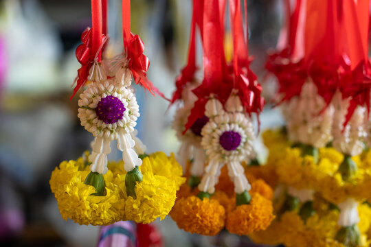 Thai Jasmine and Marigold Garlands Hanging on Display, Surat Thani, Thailand