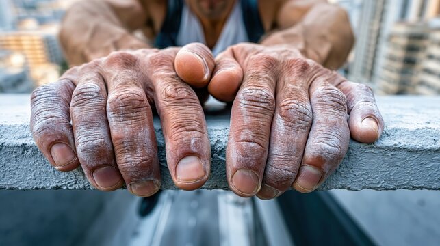 Parkour athlete chalked hands gripping concrete ledge in urban setting