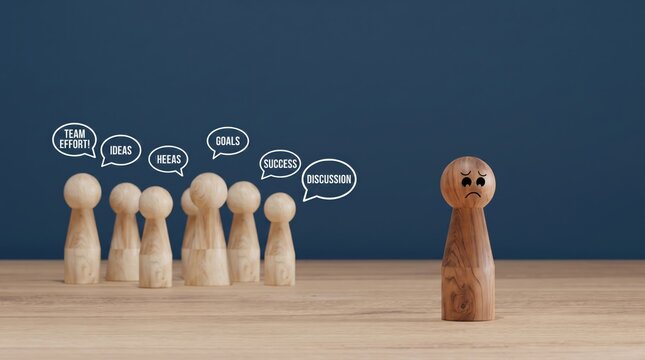 Sad wooden figure standing alone separated from group, social exclusion and loneliness, bullying at workplace or school, mental health issues, isolation feeling, team dynamics