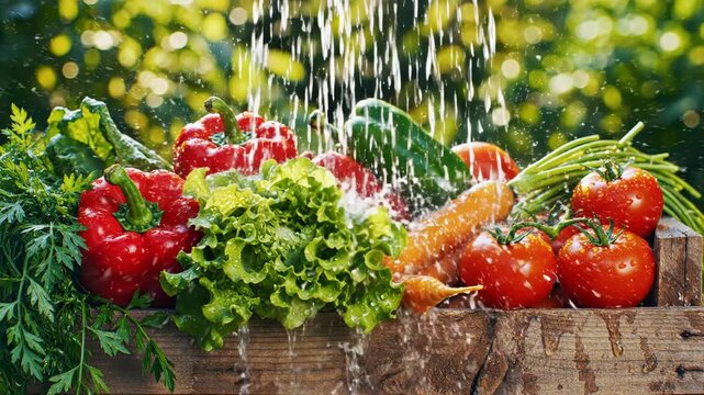 Fresh organic vegetables washed in wooden crate with outdoor background