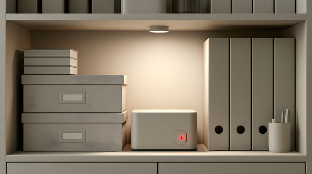 Network attached storage server showing red warning LED alert on small office shelf beside filing boxes no people photorealistic IT infrastructure monitoring background