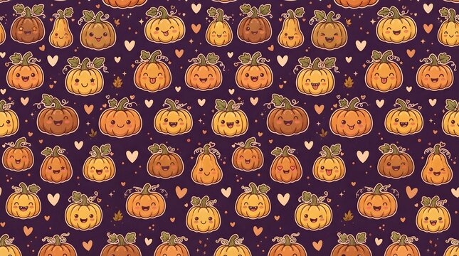 Seamless pattern with cute cartoon pumpkins and hearts