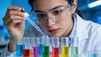 Young scientist conducting laboratory research by using a pipette to analyze colorful chemical samples in a modern science laboratory. © Curioso.Photography
