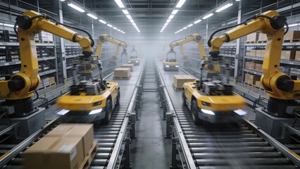 Fototapeta premium Automated yellow robotic arms and AGV transport vehicles working on conveyor belt assembly line in high-tech warehouse facility.