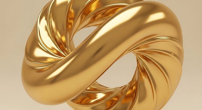 Twisted golden torus knot sculpture with smooth reflective surface