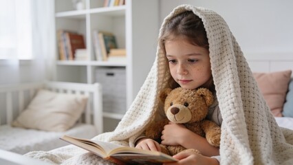 Fototapeta premium Little girl covered with blanket hugging teddy bear and reading book on bed in cozy kids room.