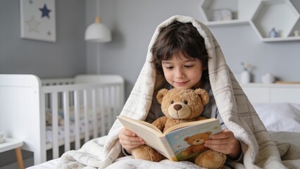 Fototapeta premium Little girl covered with blanket hugging teddy bear and reading book on bed in cozy kids room.