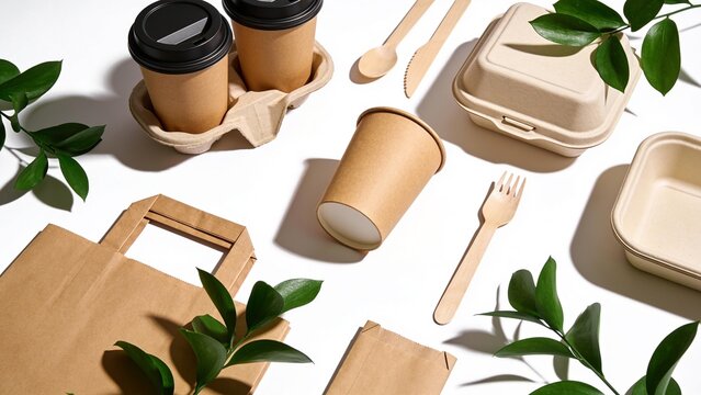 Eco-friendly disposable food packaging with paper coffee cups, takeaway containers, wooden cutlery, and tropical green leaves on a clean white background.