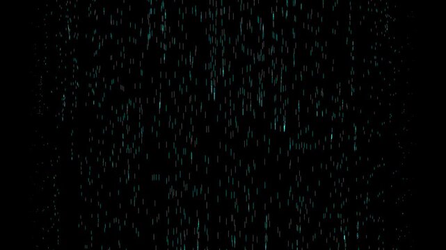 Many scattered small teal and cyan dots resembling digital particles falling rain drops or noise static spread evenly across a dark black background