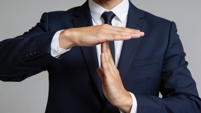Businessman in formal suit making a time-out hand gesture against grey studio background.