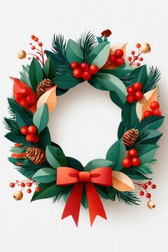 Watercolor Christmas wreath with red berries pinecones and bow